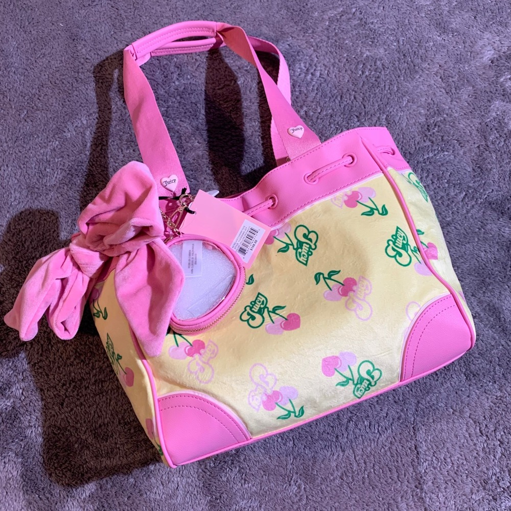 Juicy Couture Retro Juicy Cherry Tote Yellow Iris Pink Velour Bag NWT